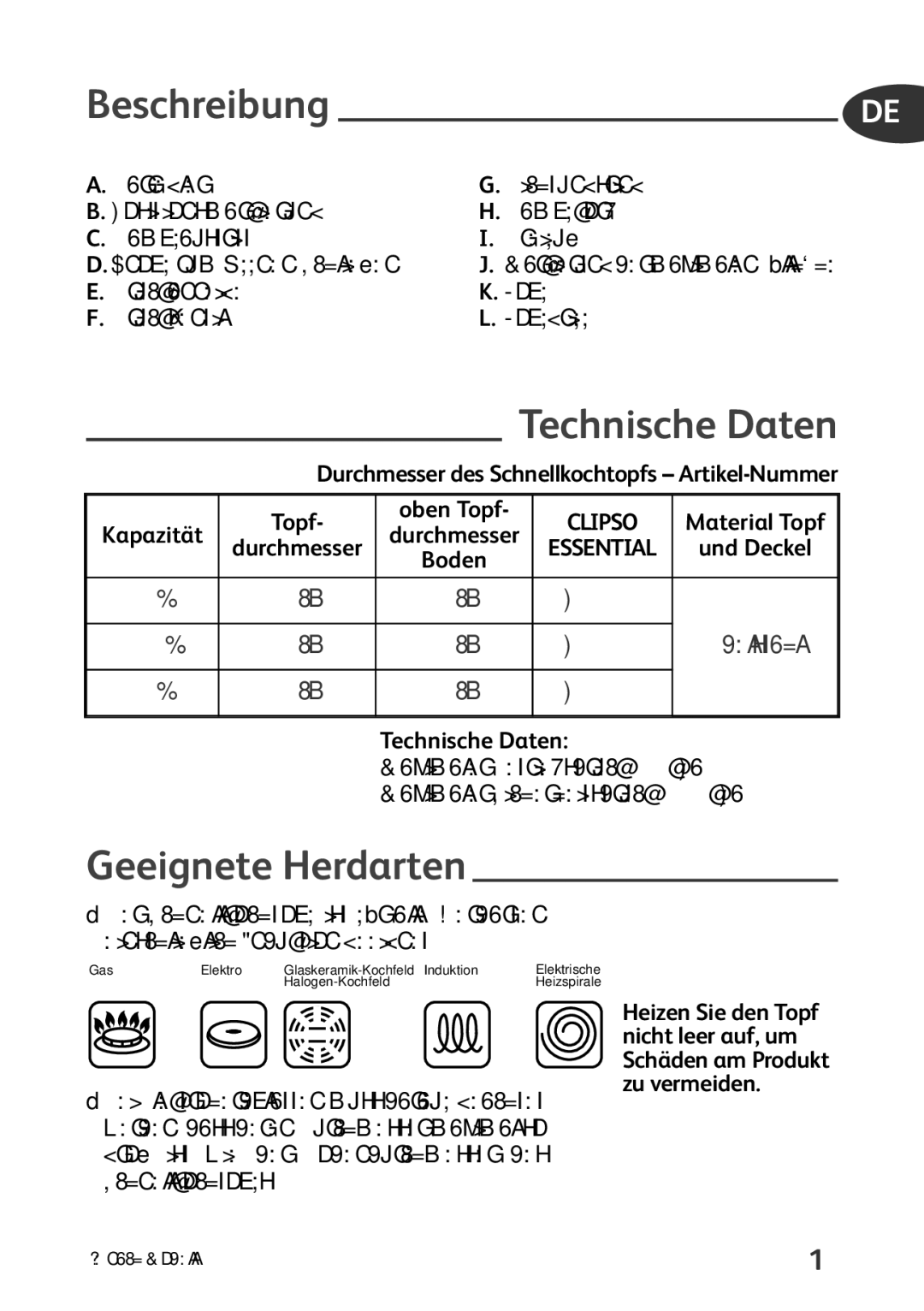 Tefal P4424735 manual Beschreibung, Technische Daten, Geeignete Herdarten, Druckanzeige Topf Druckventil Topfgriff 