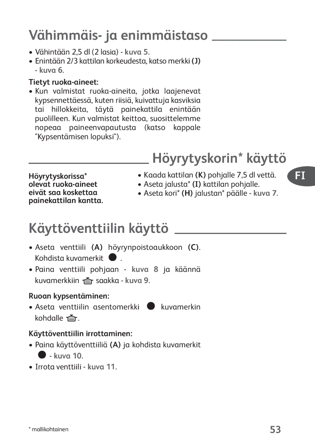 Tefal P4424735 manual Vähimmäis- ja enimmäistaso, Höyrytyskorin* käyttö, Käyttöventtiilin käyttö, Kuva 