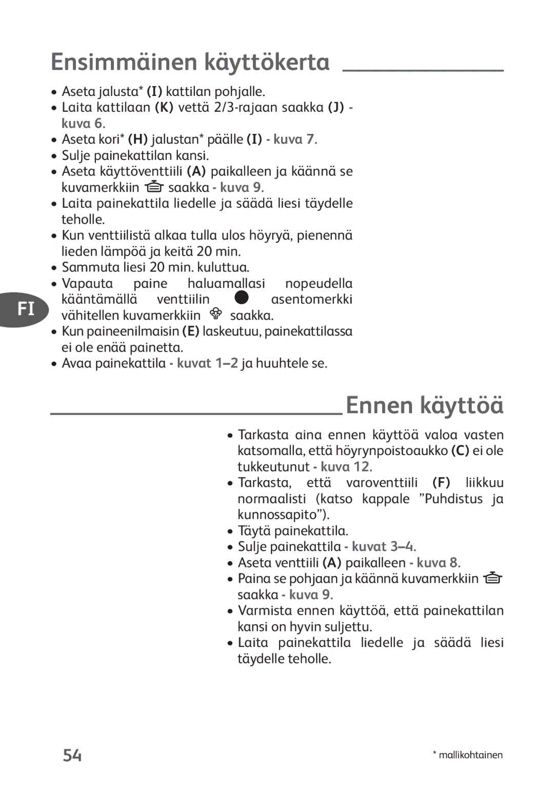 Tefal P4424735 manual Ensimmäinen käyttökerta, Ennen käyttöä 