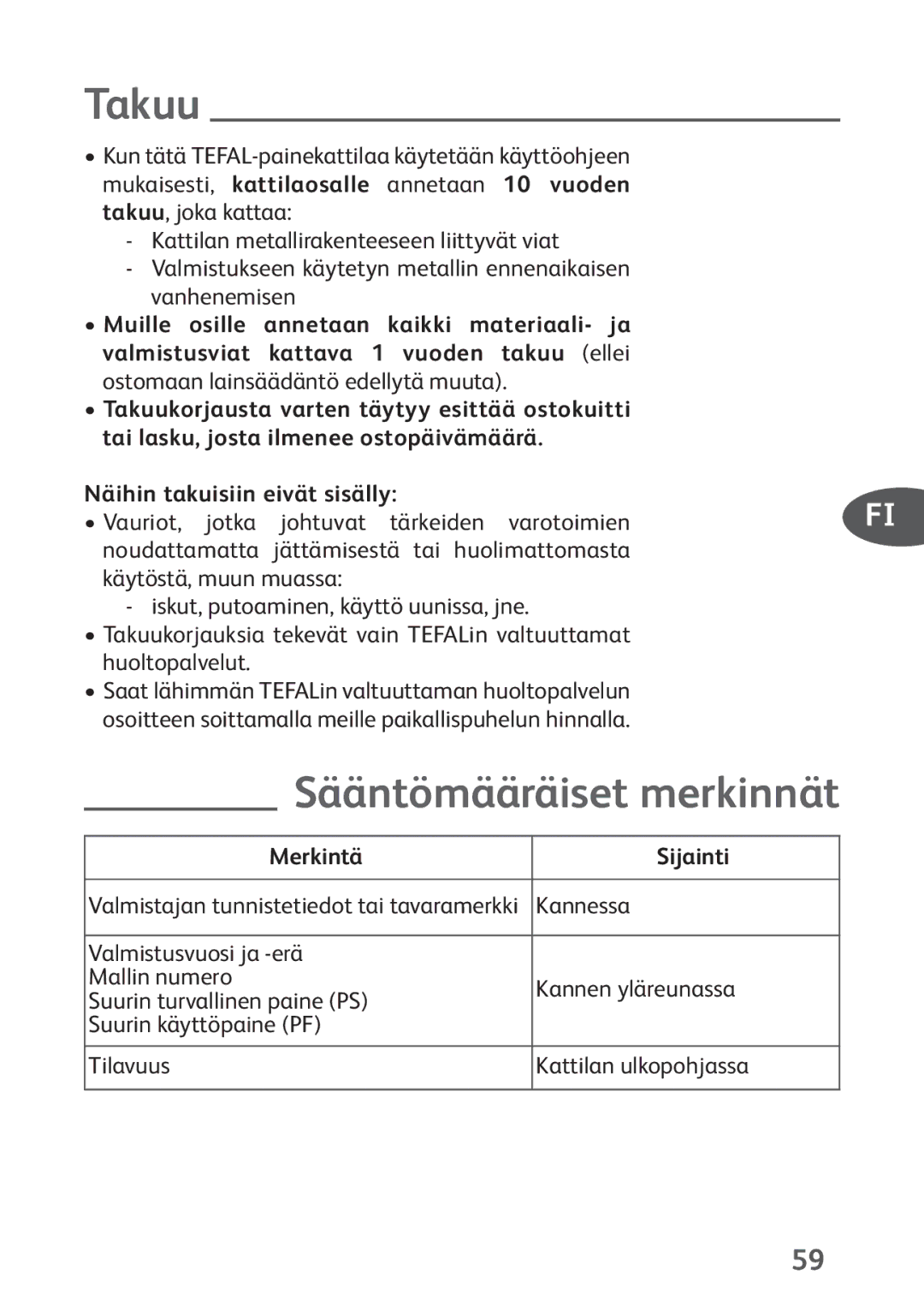 Tefal P4424735 manual Takuu, Sääntömääräiset merkinnät, Näihin takuisiin eivät sisälly, Merkintä Sijainti, Kannessa 