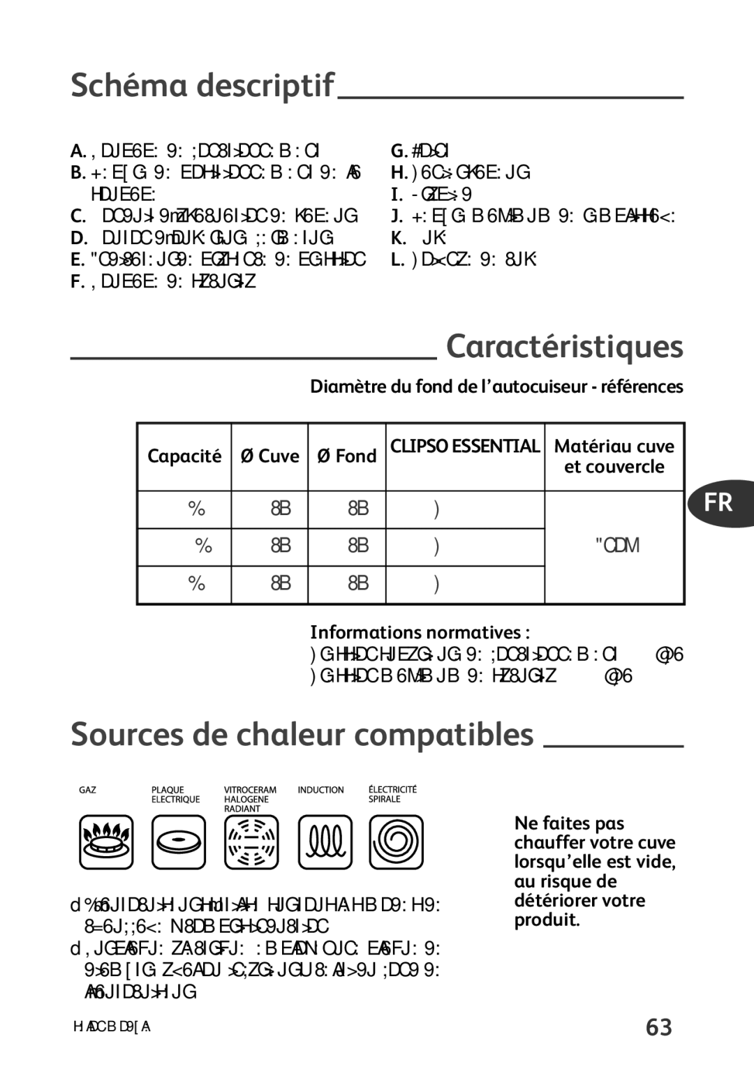 Tefal P4424735 manual Schéma descriptif, Caractéristiques, Sources de chaleur compatibles, Informations normatives 