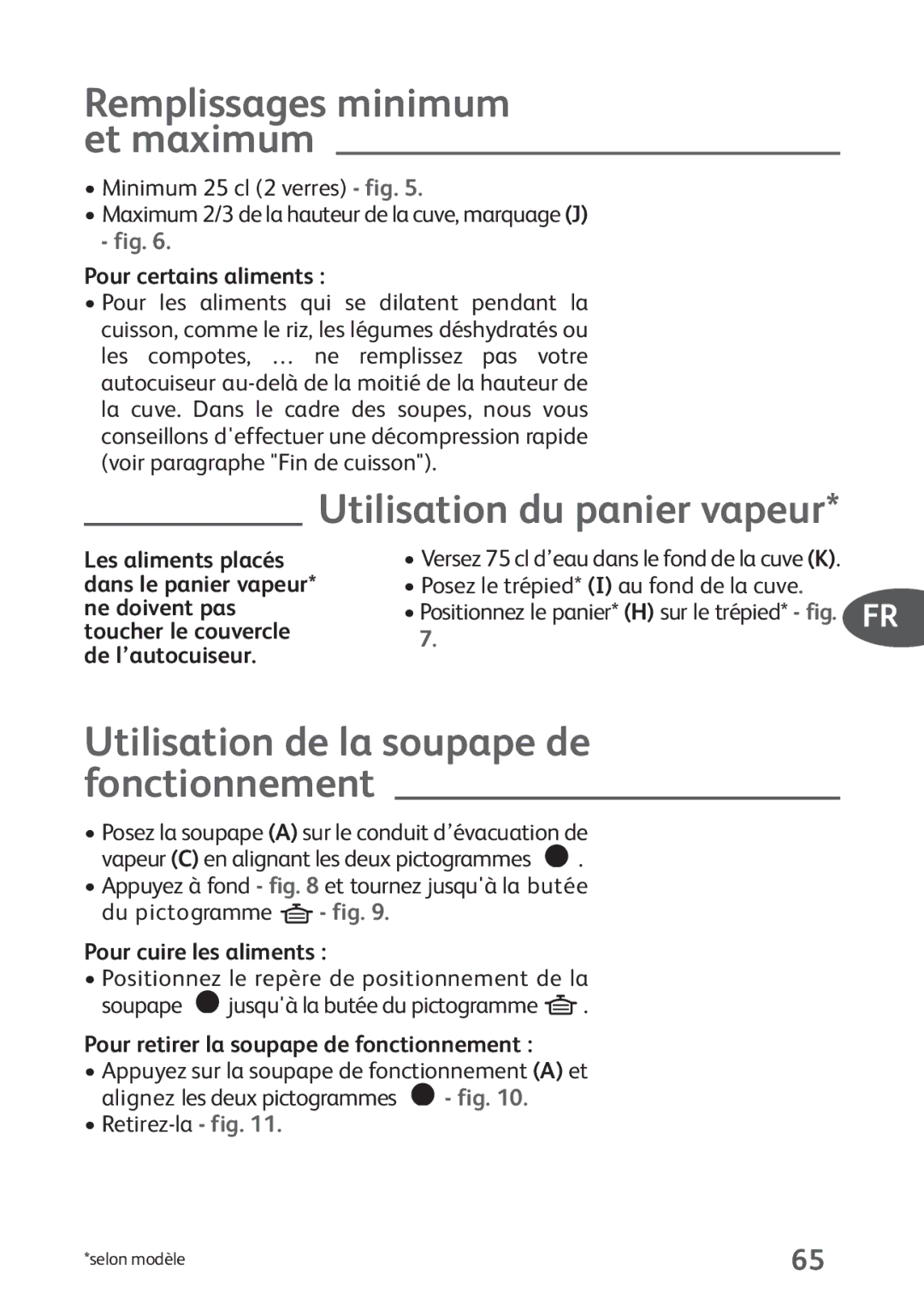 Tefal P4424735 Remplissages minimum et maximum, Utilisation du panier vapeur, Utilisation de la soupape de fonctionnement 