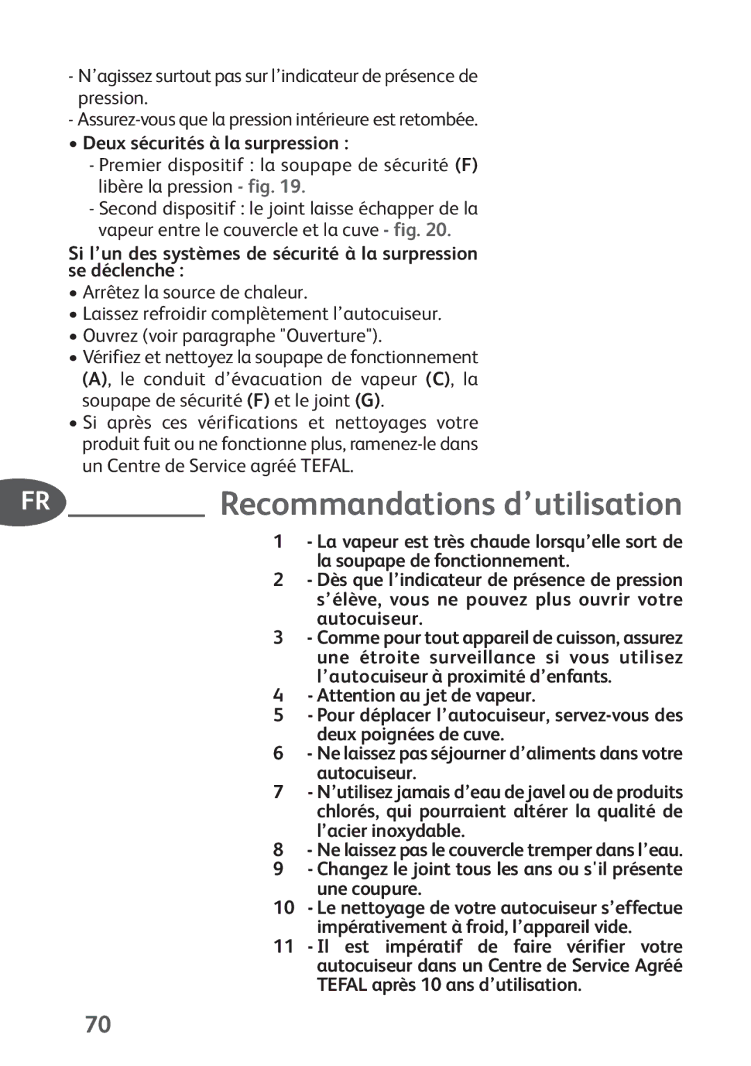 Tefal P4424735 manual Recommandations d’utilisation 