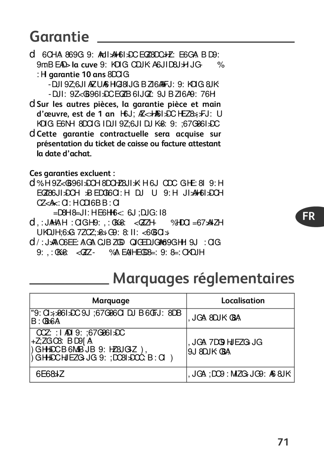 Tefal P4424735 manual Marquages réglementaires, Marquage Localisation, Capacité 