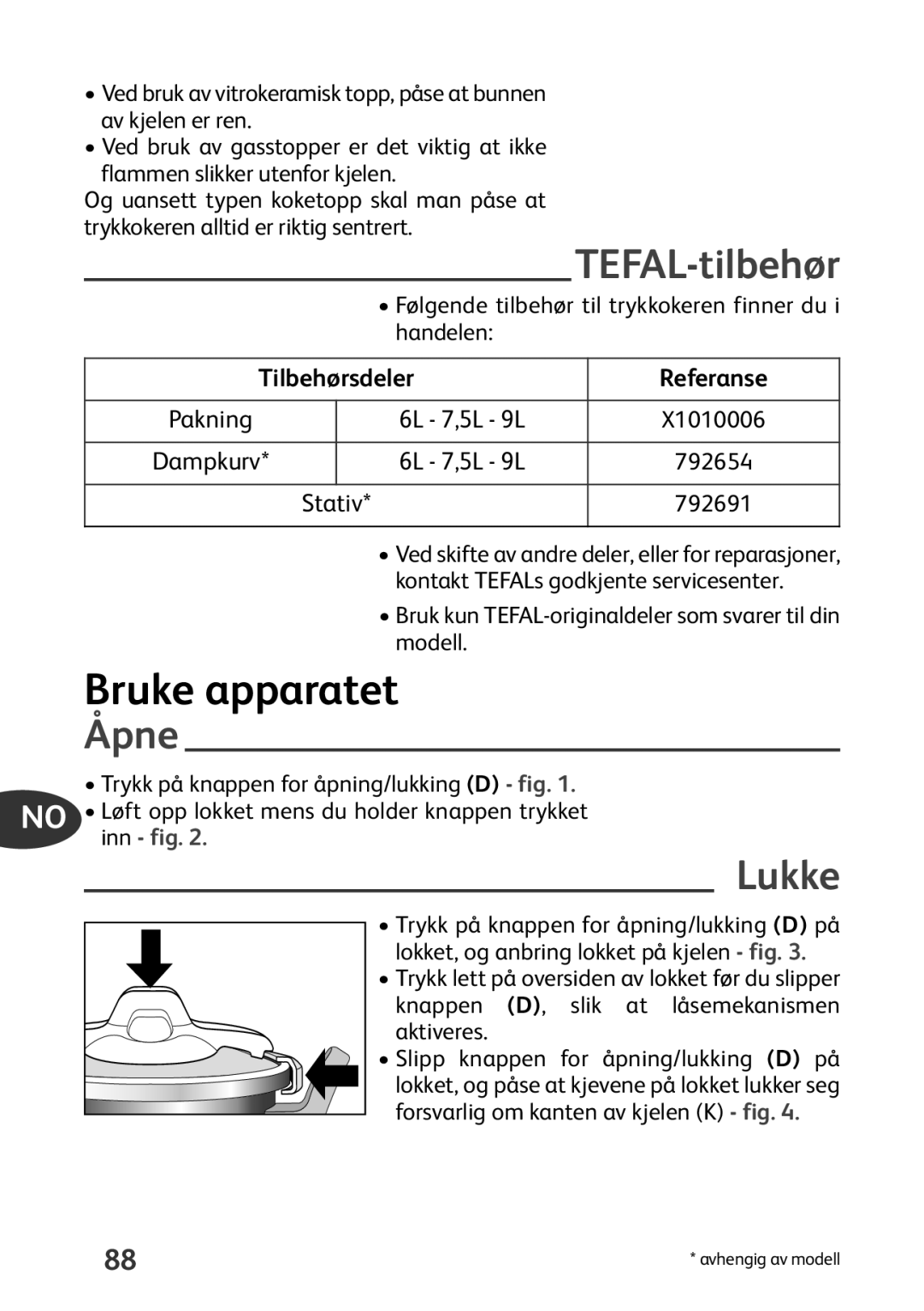 Tefal P4424735 manual Bruke apparatet, Åpne, Lukke, Tilbehørsdeler Referanse, Inn fig 