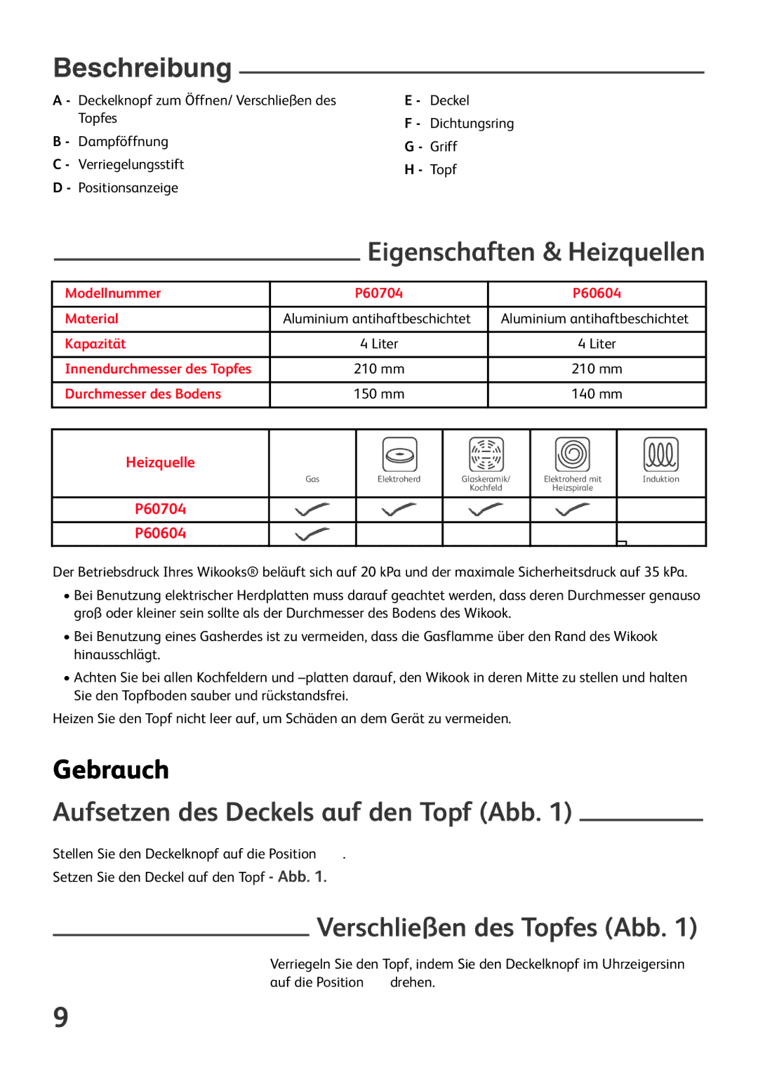 Tefal P6060432, P6060400 manual Beschreibung, Eigenschaften & Heizquellen, Gebrauch, Aufsetzen des Deckels auf den Topf Abb 