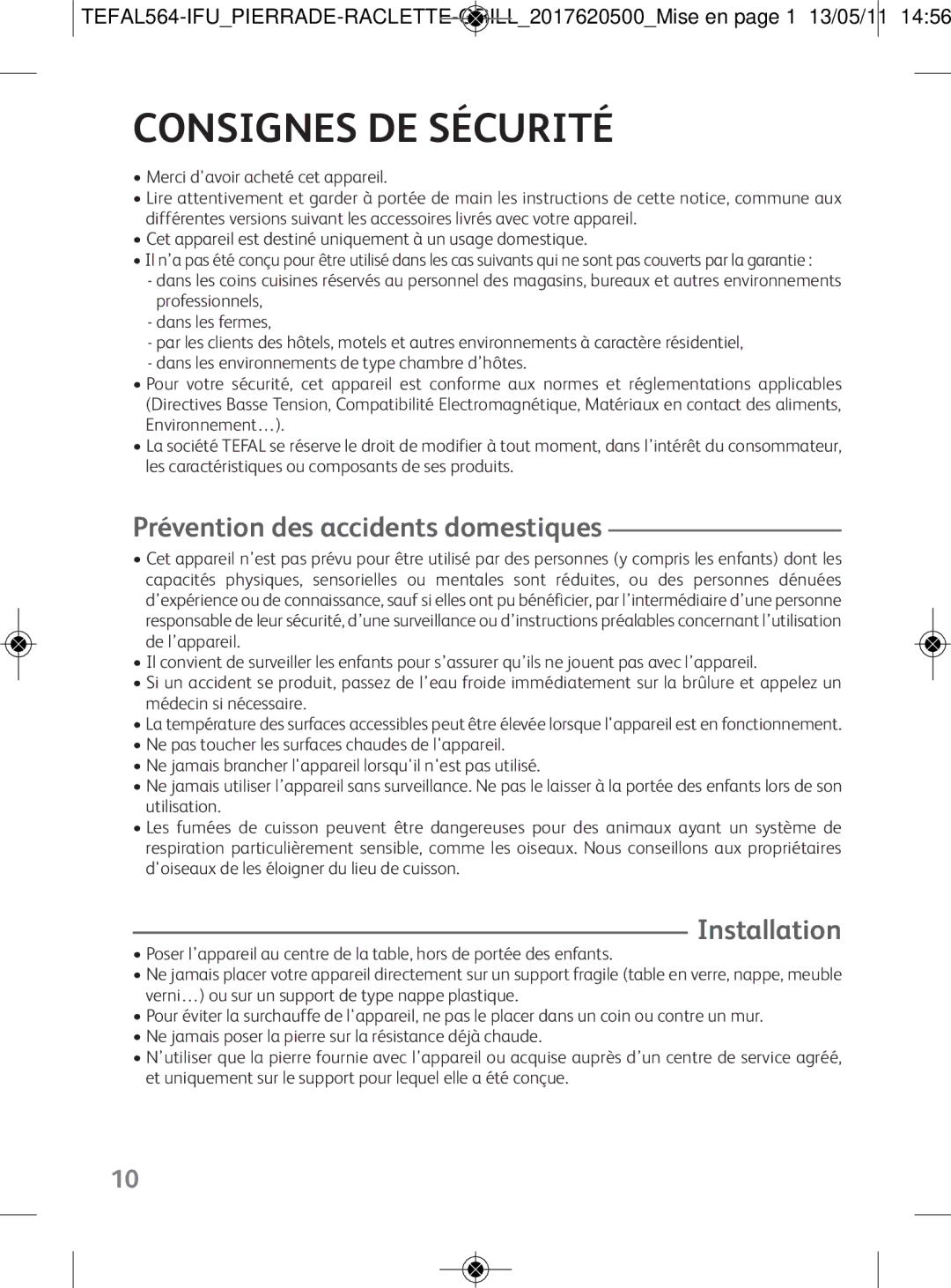 Tefal PI130712 manual Consignes DE Sécurité, Prévention des accidents domestiques, Installation 