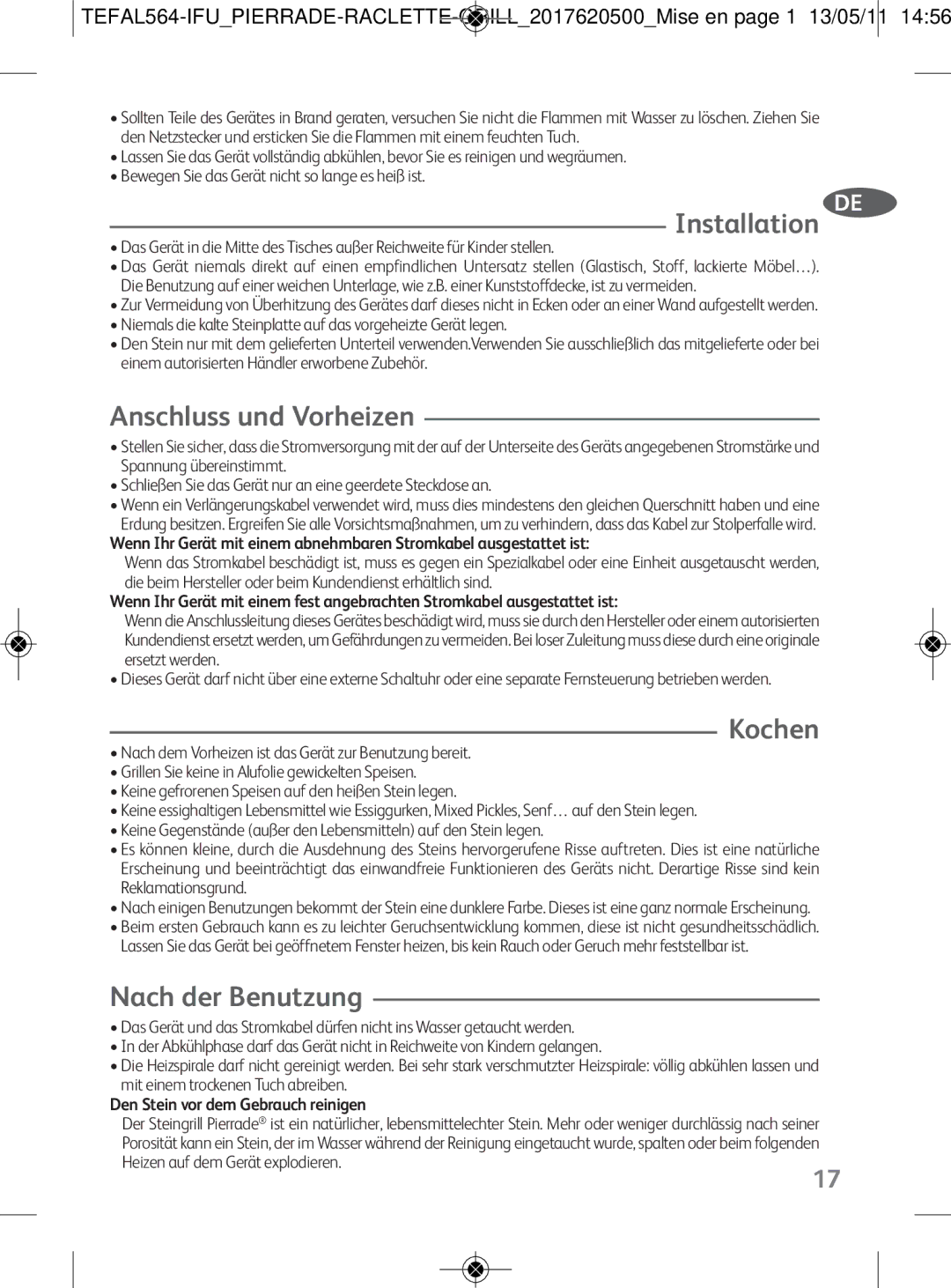 Tefal PI130712 manual Kochen, Nach der Benutzung, Anschluss und Vorheizen, Den Stein vor dem Gebrauch reinigen 