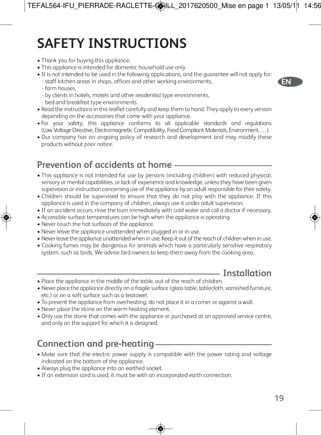 Tefal PI130712 manual Safety Instructions, Connection and pre-heating, Prevention of accidents at home 