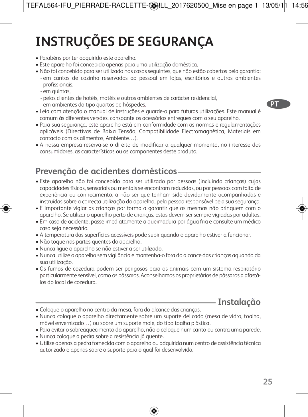 Tefal PI130712 manual Instruções DE Segurança, Prevenção de acidentes domésticos, Instalação 