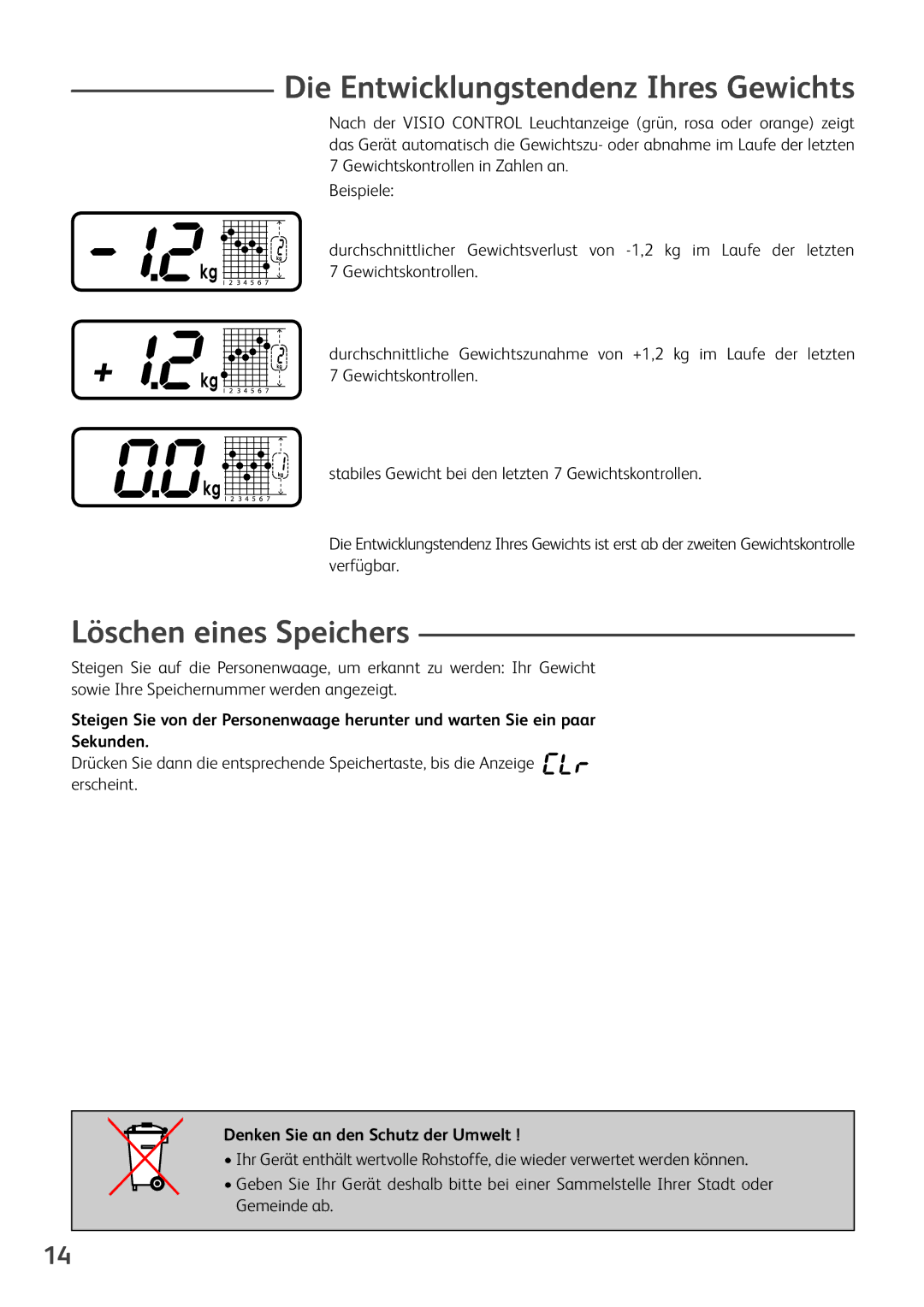 Tefal PP5049B9 manual Die Entwicklungstendenz Ihres Gewichts, Löschen eines Speichers, Denken Sie an den Schutz der Umwelt 