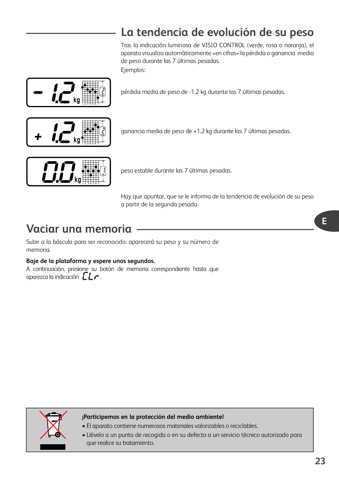 Tefal PP5049B9 La tendencia de evolución de su peso, Vaciar una memoria, Baje de la plataforma y espere unos segundos 