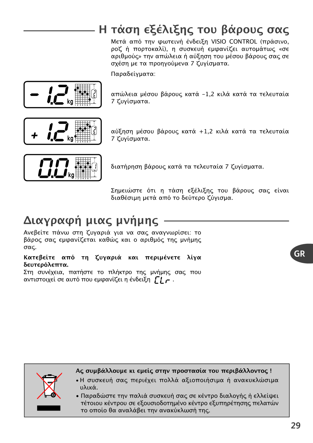 Tefal PP5049B9, PP5049A6, PP5049A5 manual Τάση εξέλιξης του βάρους σας, Διαγραφή μιας μνήμης 