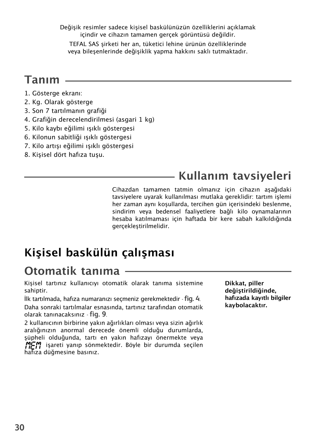 Tefal PP5049A6, PP5049B9, PP5049A5 manual Tanım, Kullanım tavsiyeleri, Otomatik tanıma 