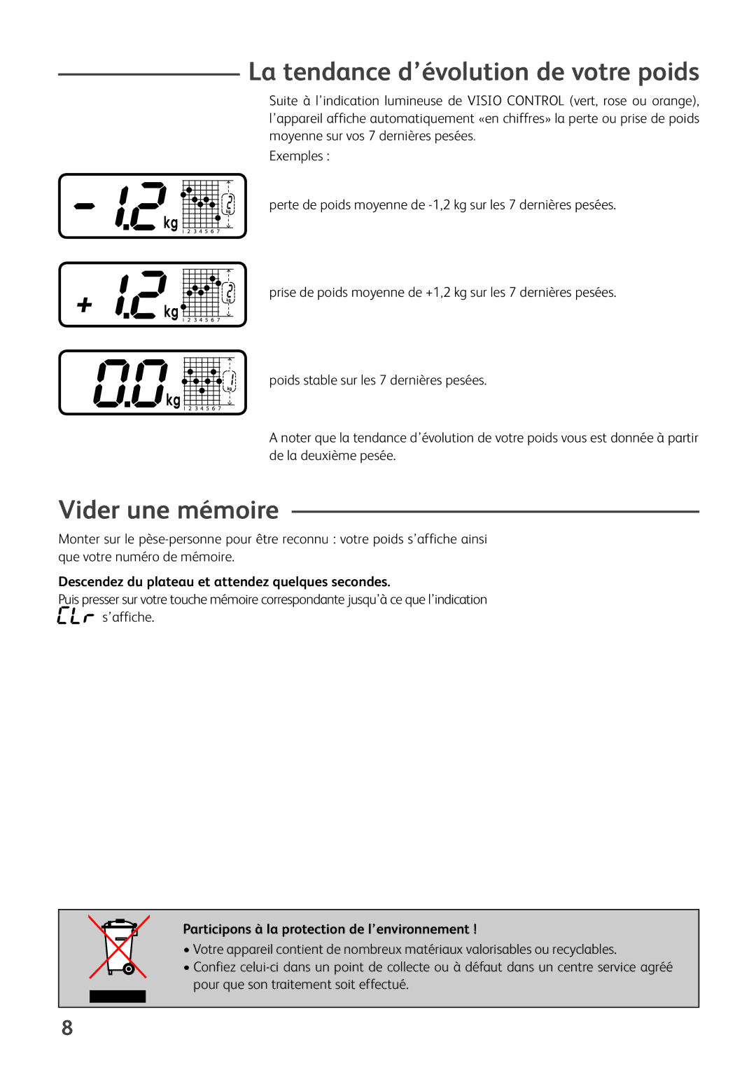 Tefal PP5049B9 La tendance d’évolution de votre poids, Vider une mémoire, Participons à la protection de l’environnement 