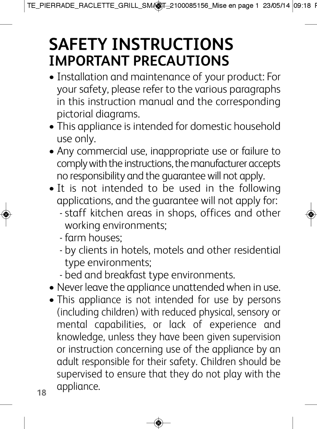 Tefal PR457812 manual Safety Instructions, Important Precautions 