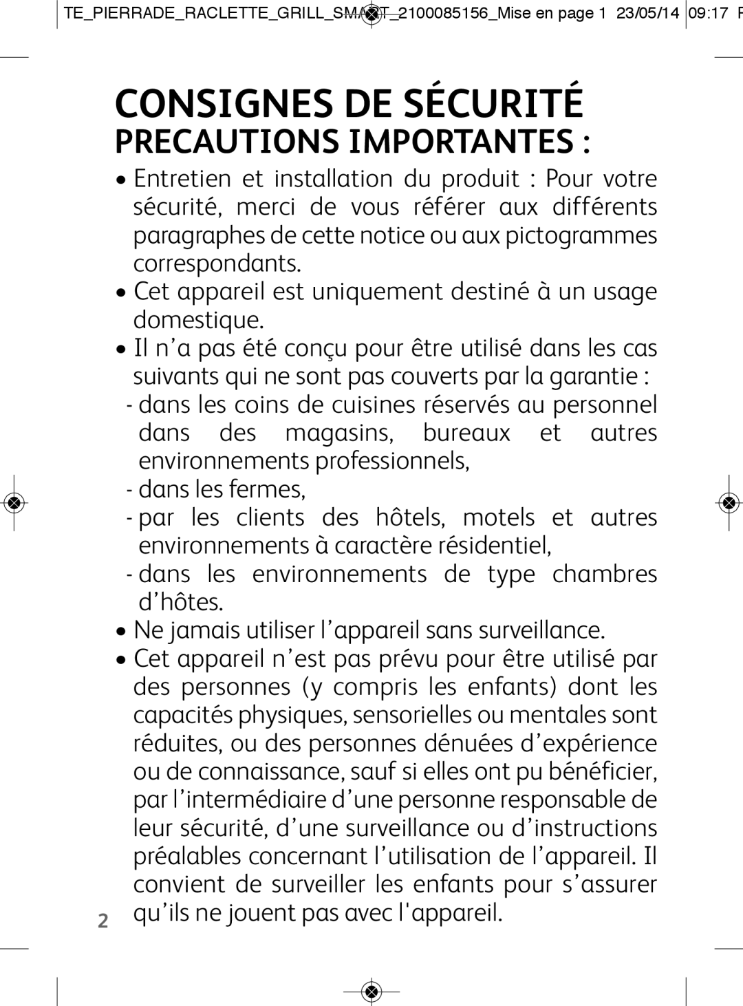 Tefal PR457812 manual Consignes DE Sécurité, Precautions Importantes 