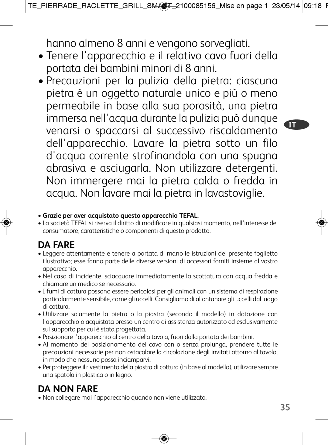 Tefal PR457812 manual DA Fare, DA NON Fare, Grazie per aver acquistato questo apparecchio Tefal 