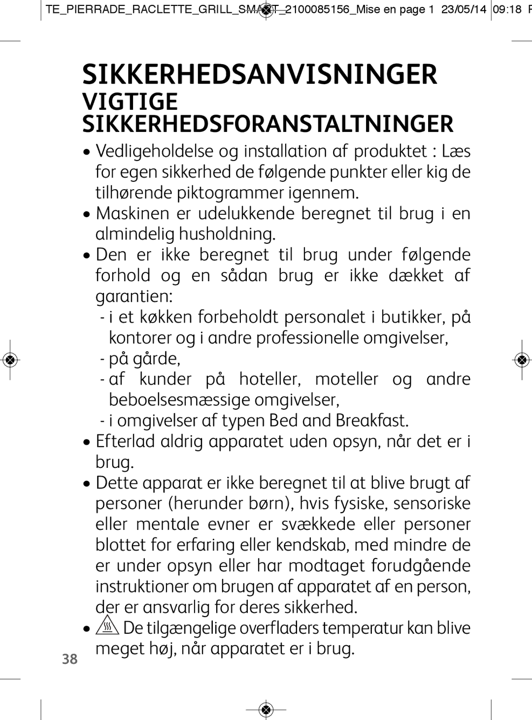 Tefal PR457812 manual Sikkerhedsanvisninger, Vigtige Sikkerhedsforanstaltninger 