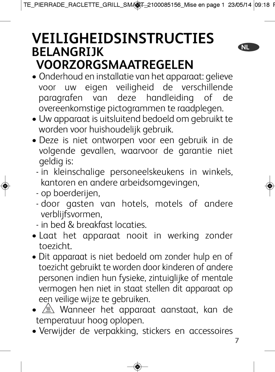 Tefal PR457812 manual Veiligheidsinstructies, Belangrijk Voorzorgsmaatregelen 