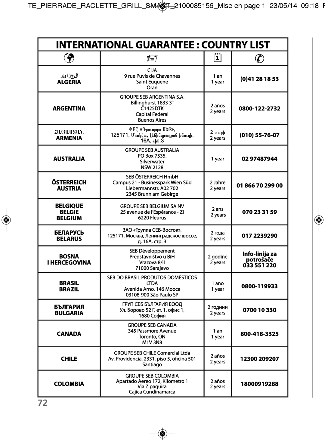 Tefal PR457812 manual International Guarantee Country List 