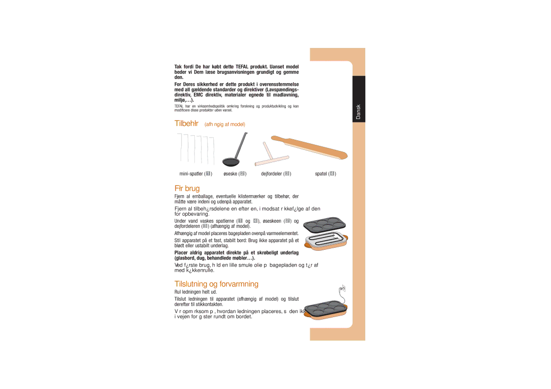 Tefal PY551025, PY551012, PY551042, PY551033 manual Før brug, Tilslutning og forvarmning 