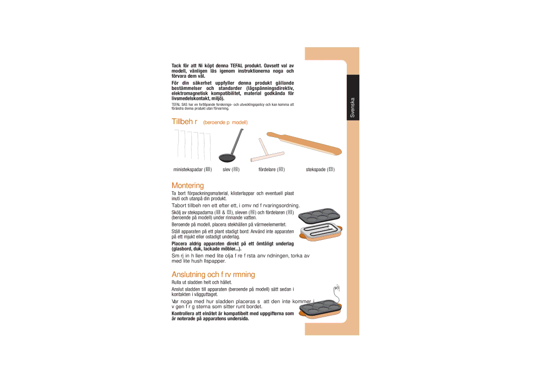 Tefal PY551025, PY551012, PY551042, PY551033 manual Montering, Anslutning och förvärmning, Ministekspadar Slev Fördelare 