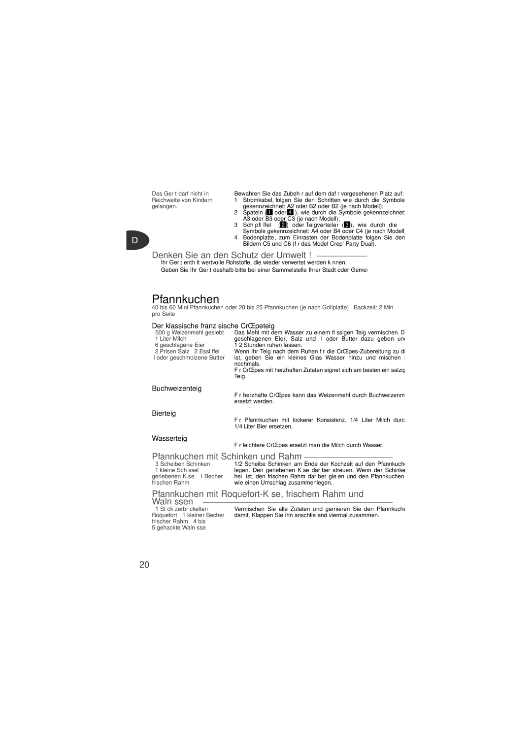 Tefal PY551712 manual Denken Sie an den Schutz der Umwelt, Pfannkuchen mit Schinken und Rahm 