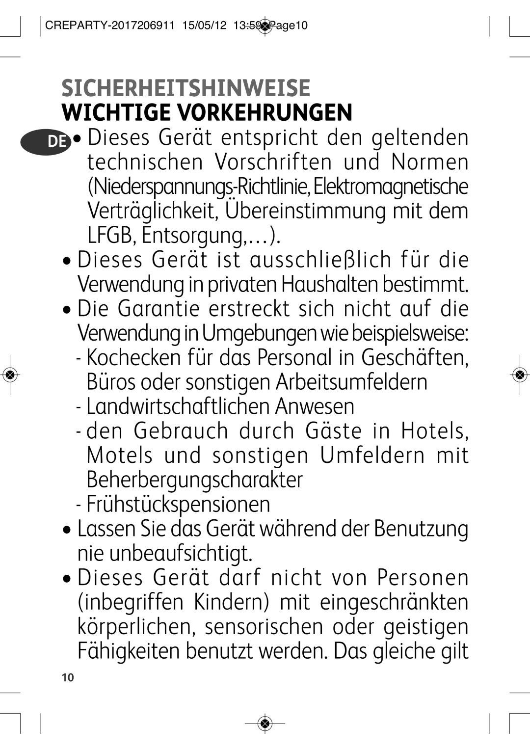 Tefal PY556812, PY556816 manual Sicherheitshinweise, Landwirtschaftlichen Anwesen 