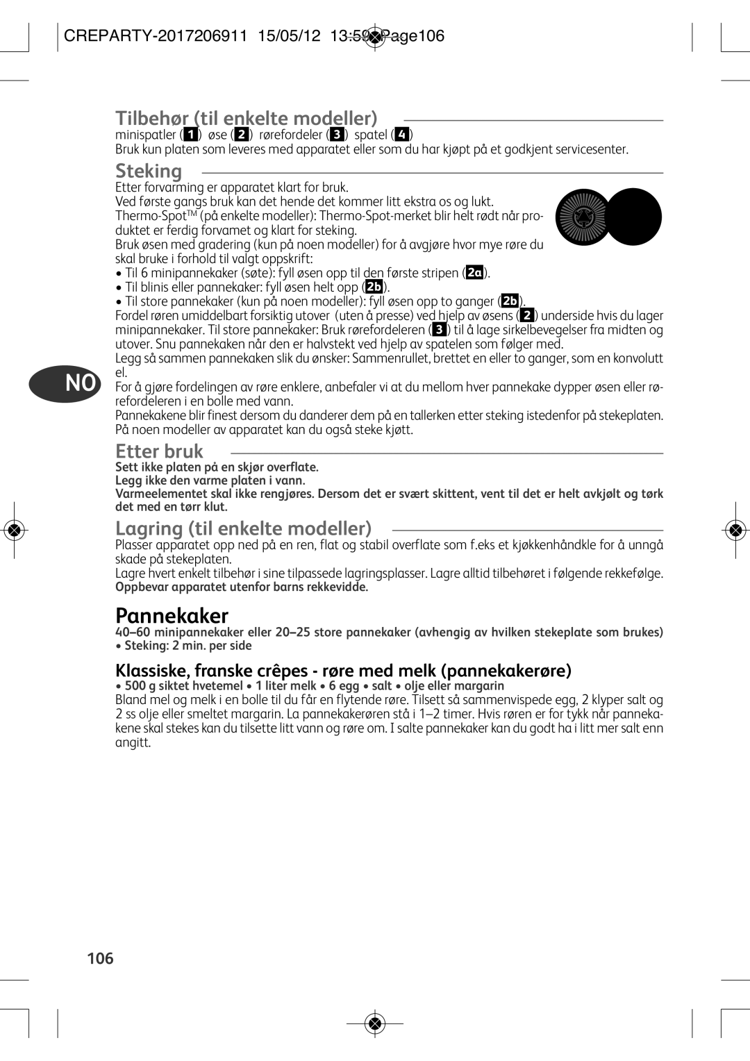 Tefal PY556812, PY556816 manual Pannekaker, Tilbehør til enkelte modeller, Steking, Etter bruk, Lagring til enkelte modeller 