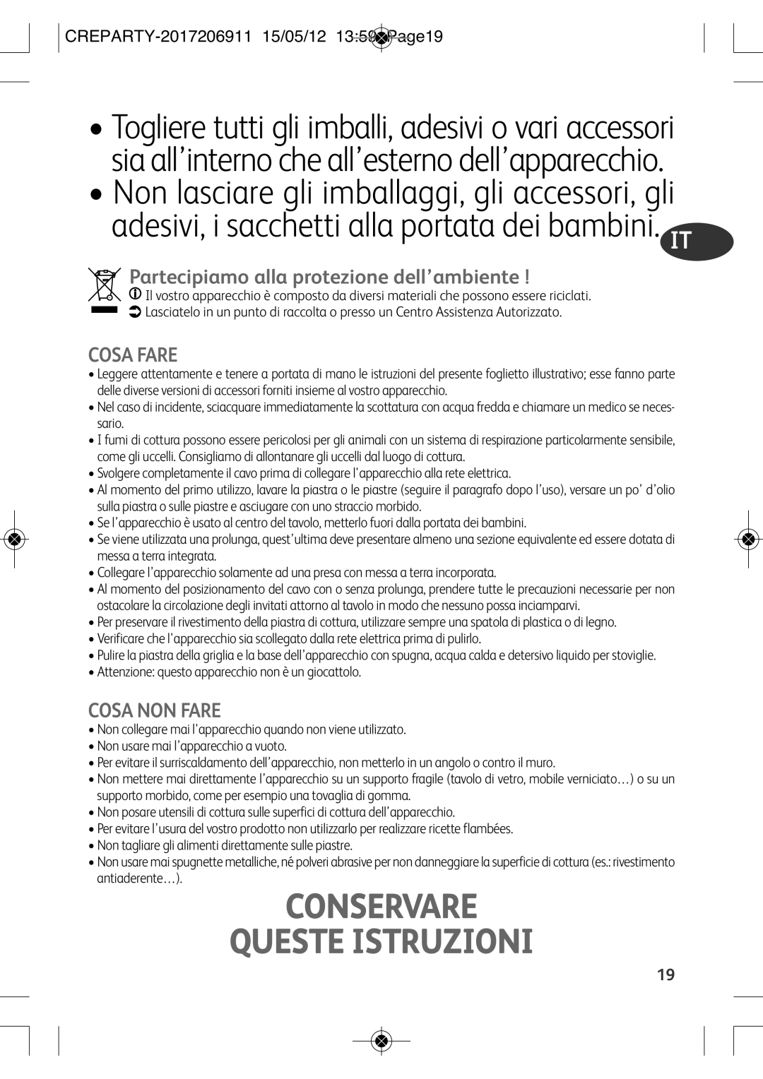 Tefal PY556816 manual Conservare Queste Istruzioni, Partecipiamo alla protezione dell’ambiente, Cosa Fare, Cosa NON Fare 