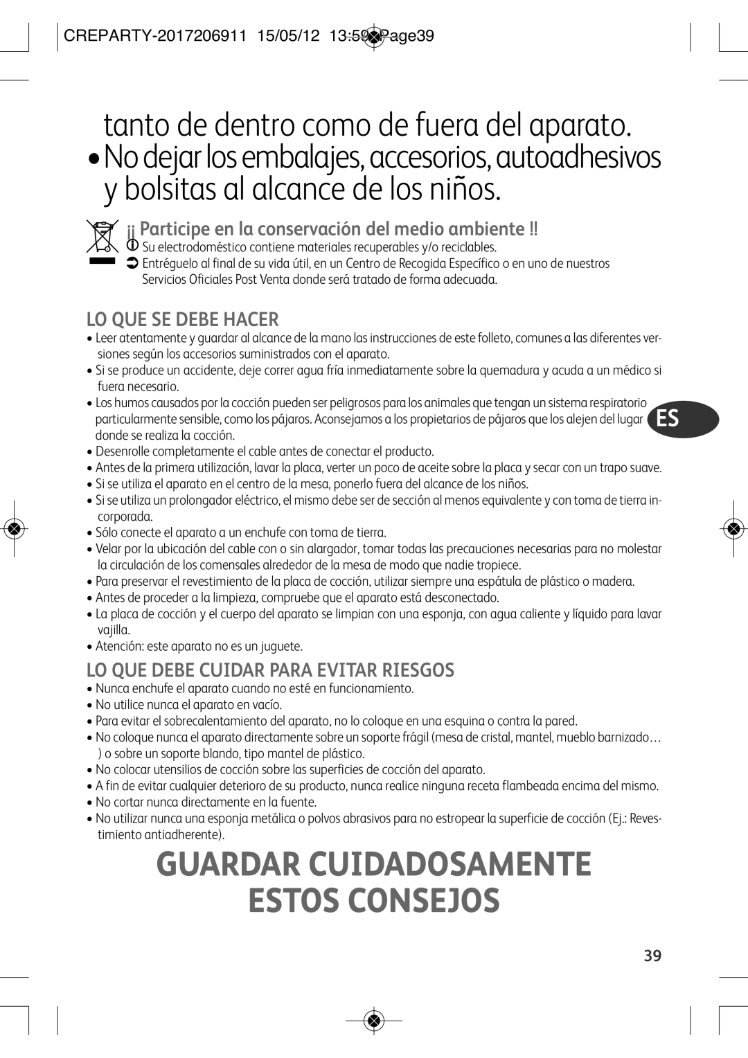 Tefal PY556816, PY556812 manual Guardar Cuidadosamente Estos Consejos, ¡¡ Participe en la conservación del medio ambiente 