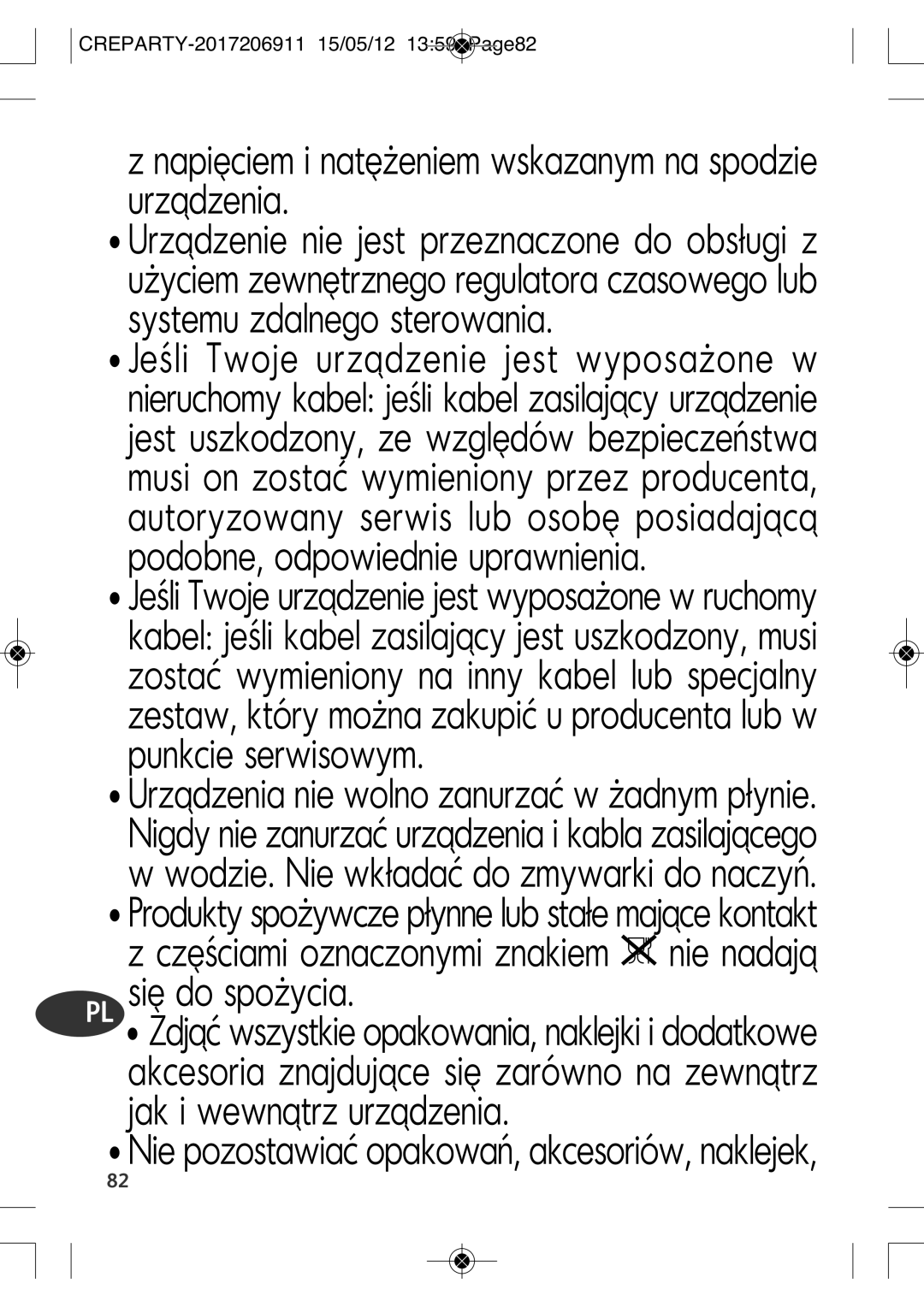 Tefal PY556812, PY556816 manual Napięciem i natężeniem wskazanym na spodzie urządzenia, PL się do spożycia 