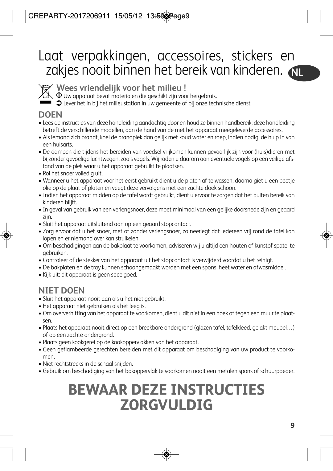 Tefal PY556816, PY556812 manual Bewaar Deze Instructies Zorgvuldig, Wees vriendelijk voor het milieu, Niet Doen 