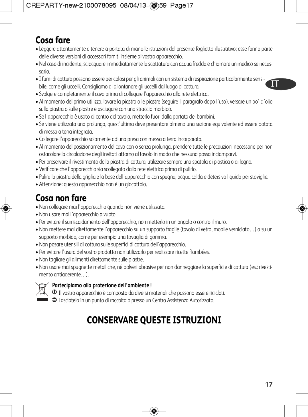 Tefal PY558813 manual Cosa fare, Cosa non fare, Conservare Queste Istruzioni, Partecipiamo alla protezione dell’ambiente 