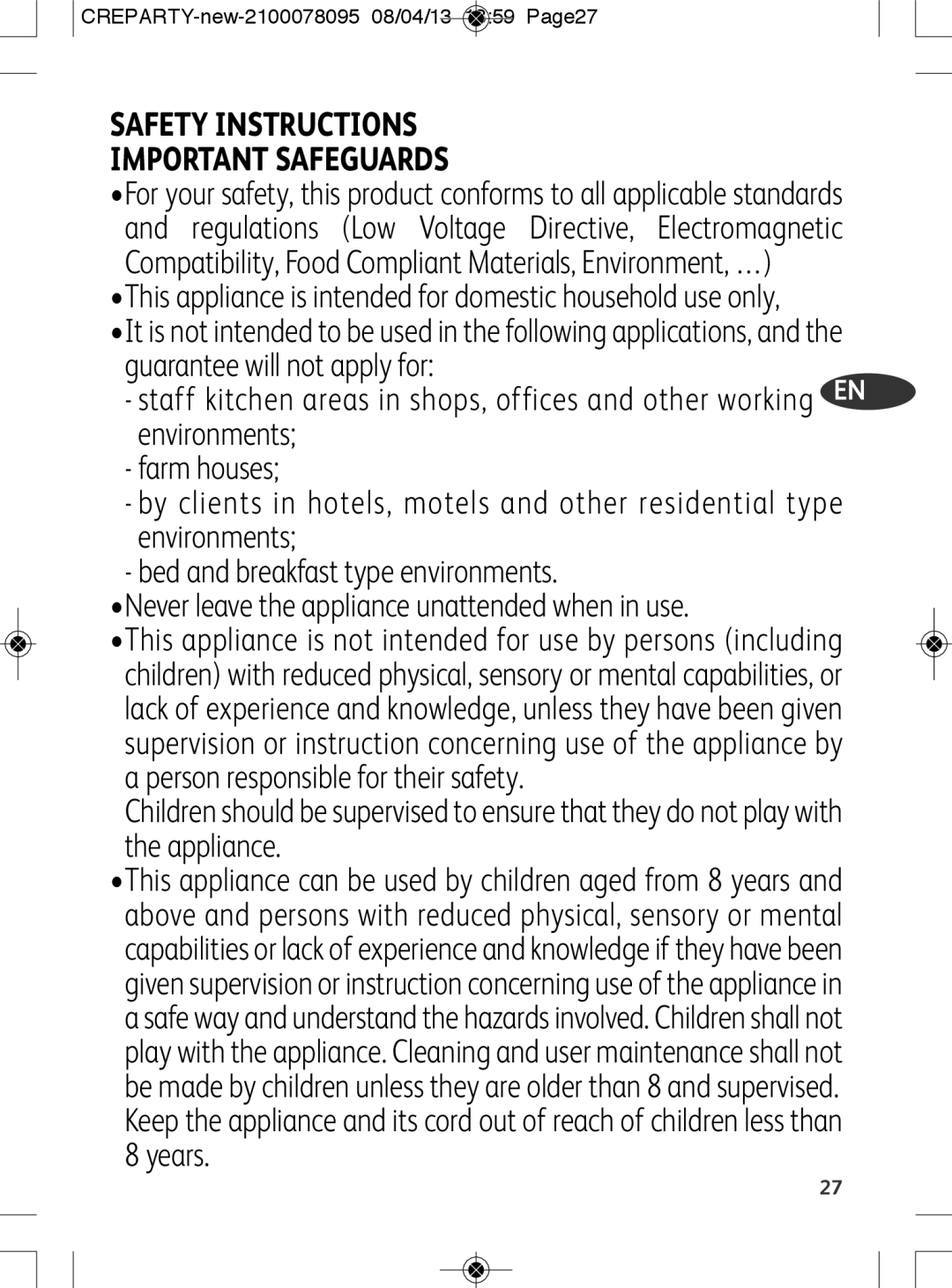 Tefal PY558813, PY558816 manual Safety Instructions Important Safeguards 