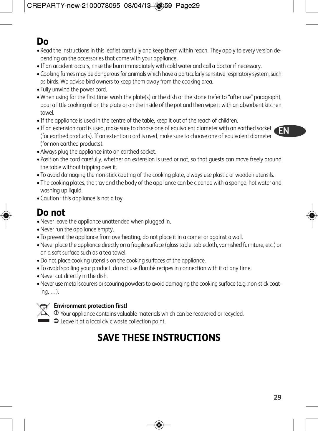 Tefal PY558813, PY558816 manual Do not, Environment protection first 