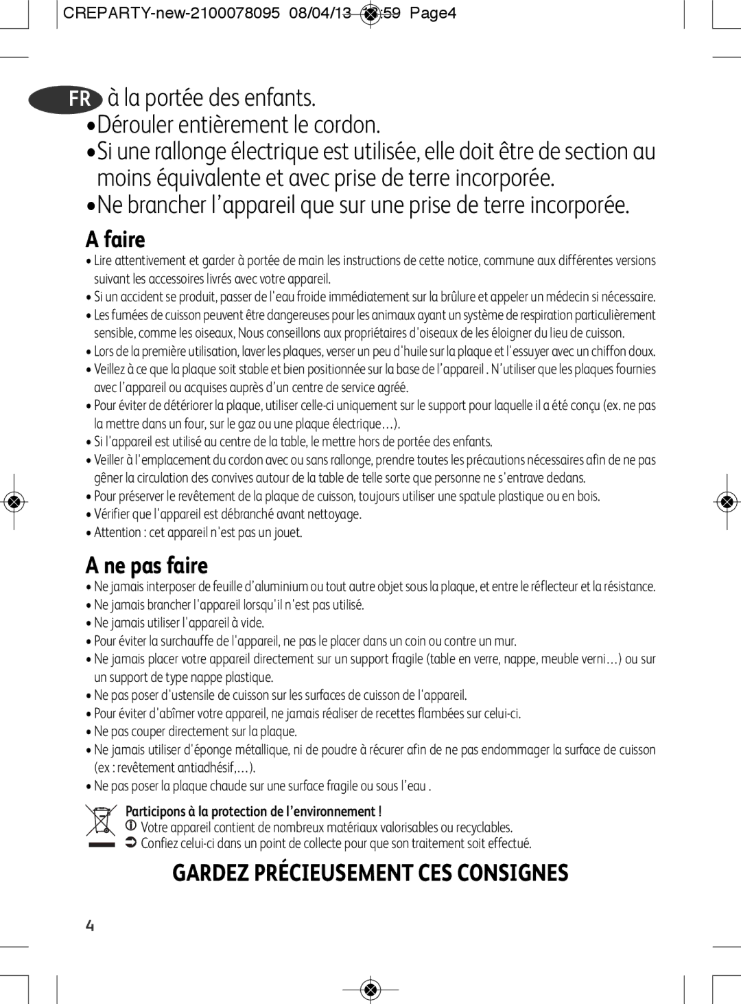 Tefal PY558816 Faire, Ne pas faire, Gardez Précieusement CES Consignes, Participons à la protection de l’environnement 