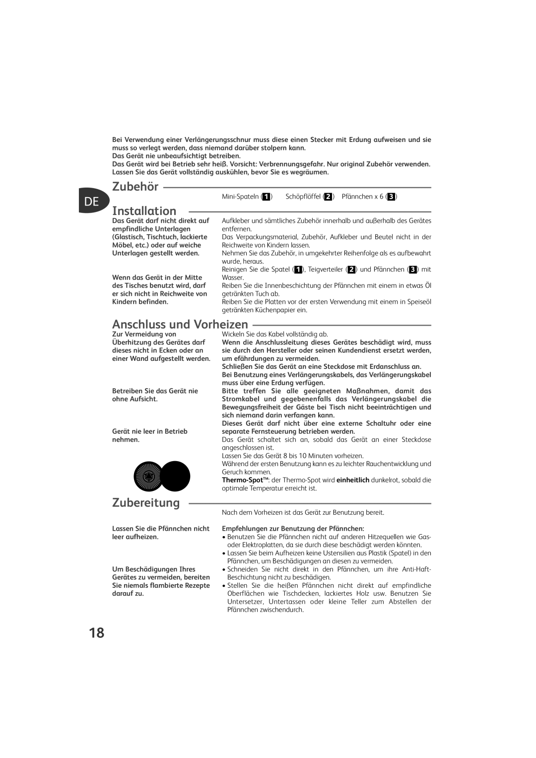 Tefal PY580018, PY580028, PY580012, PY580025 manual Zubehör, Anschluss und Vorheizen, Zubereitung 