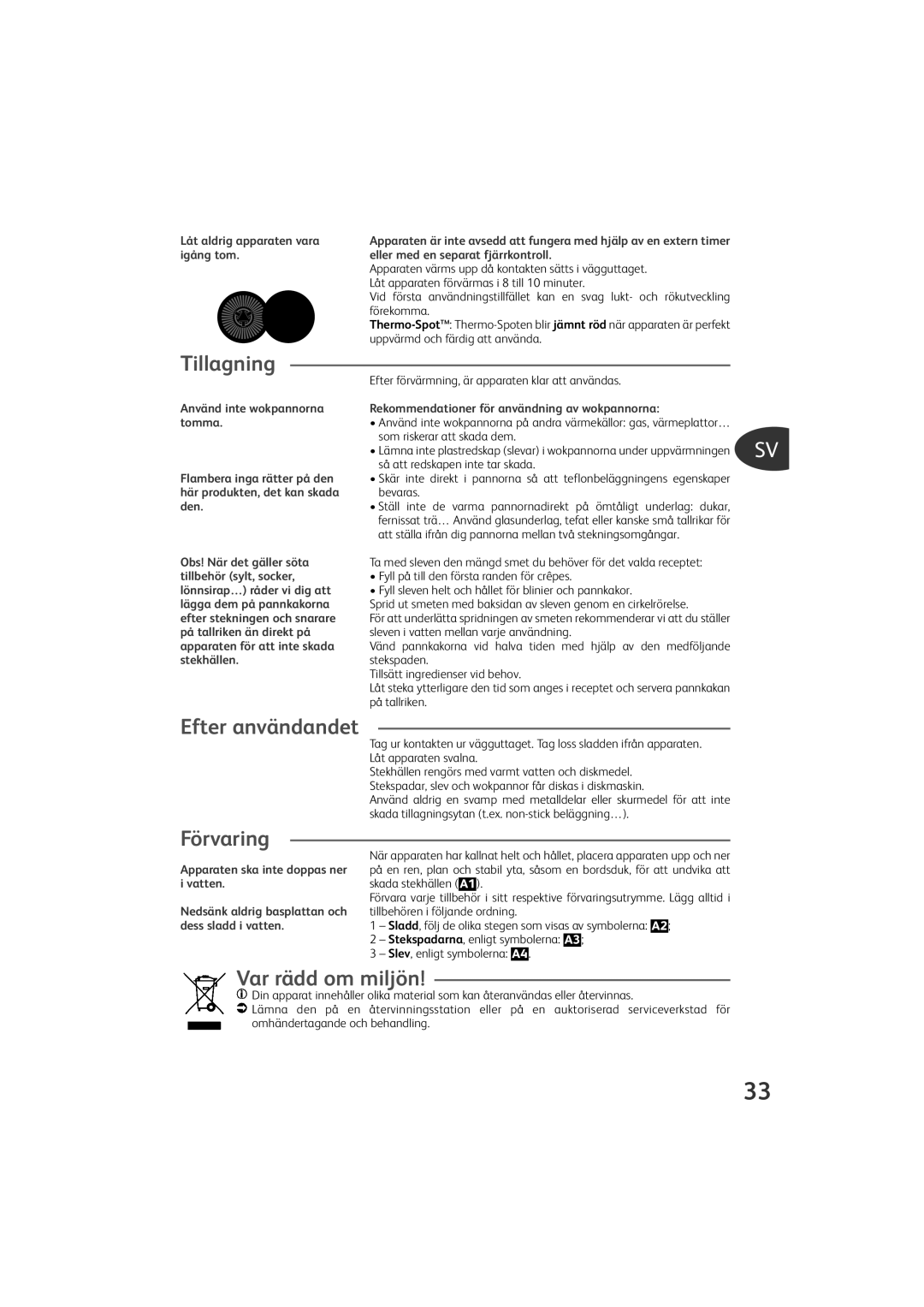 Tefal PY580012, PY580028, PY580018, PY580025 manual Tillagning, Efter användandet, Förvaring, Var rädd om miljön 