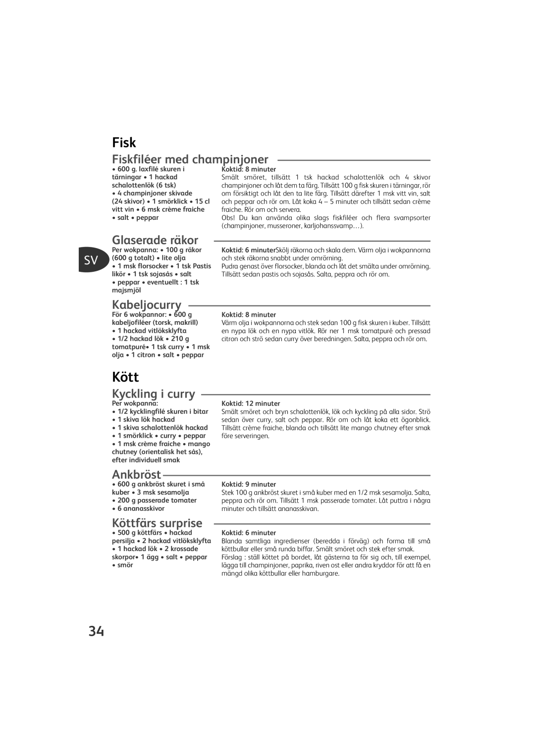 Tefal PY580018, PY580028, PY580012, PY580025 manual Fisk, Kött 