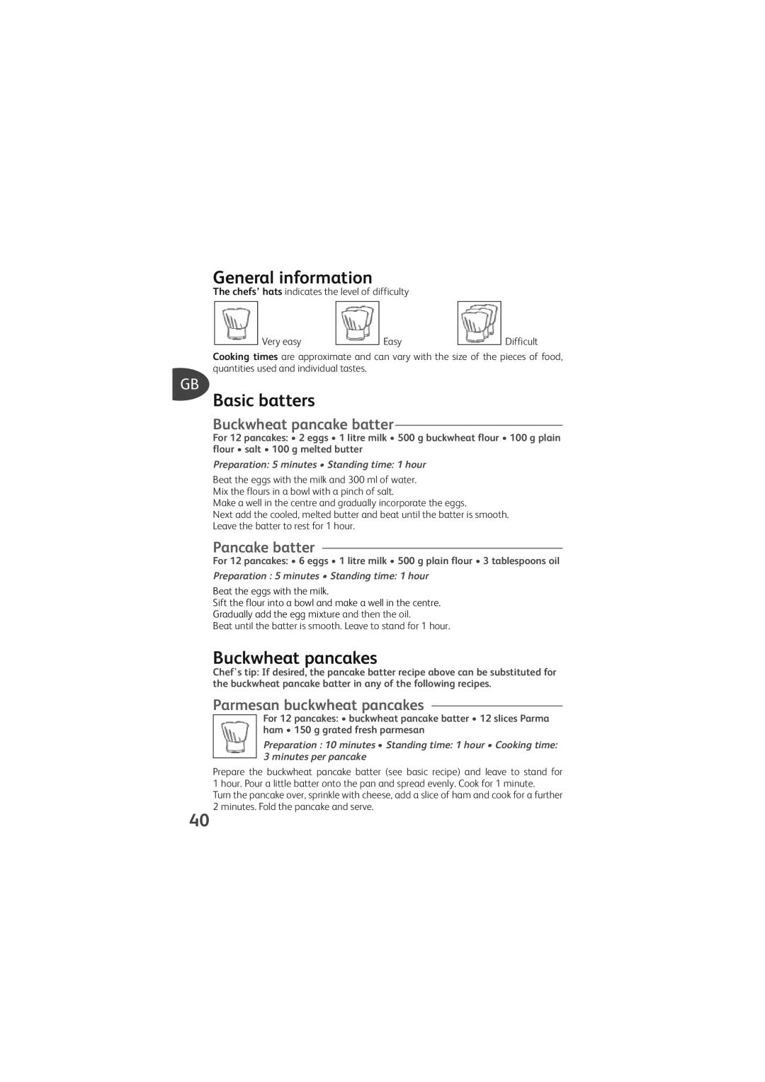 Tefal PY700528, PY700512 manual General information, Basic batters, Buckwheat pancakes 