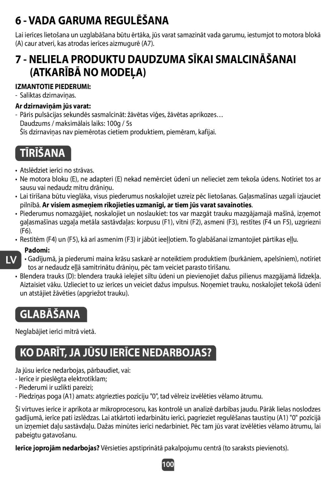 Tefal QB404D38 manual Vada Garuma Regulēšana, Tīrīšana, Glabāšana, KO DARĪT, JA Jūsu Ierīce NEDARBOJAS? 