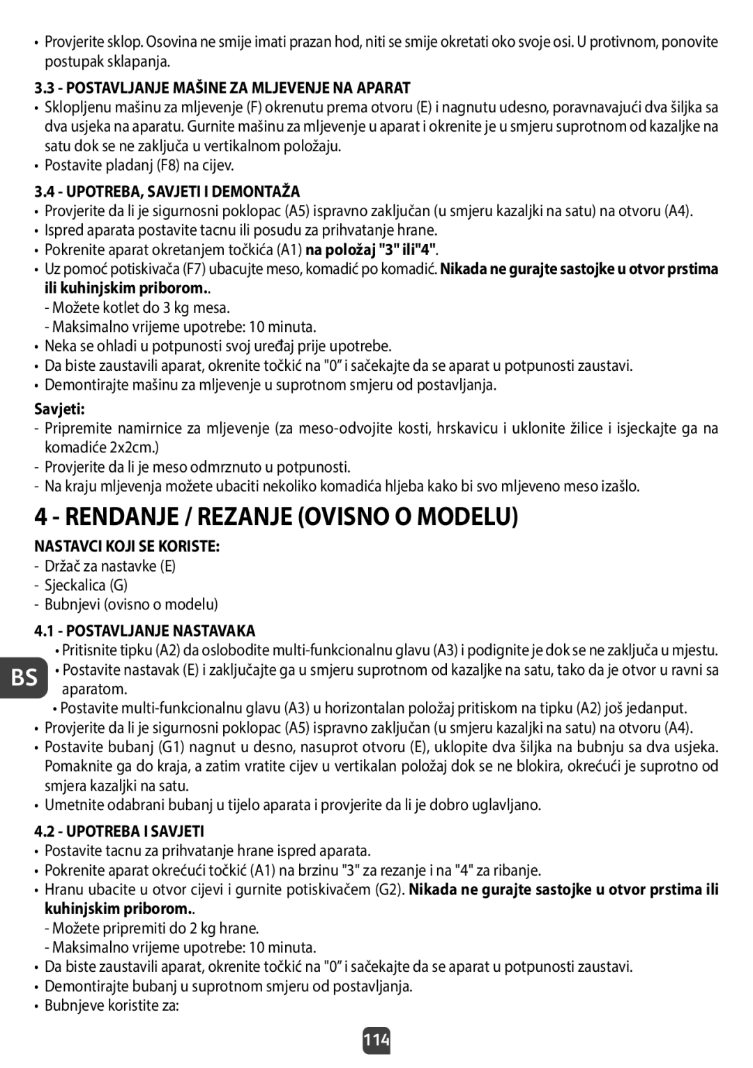 Tefal QB404D38 Rendanje / Rezanje Ovisno O Modelu, Postavljanje Mašine ZA Mljevenje NA Aparat, Upotreba I Savjeti, 114 