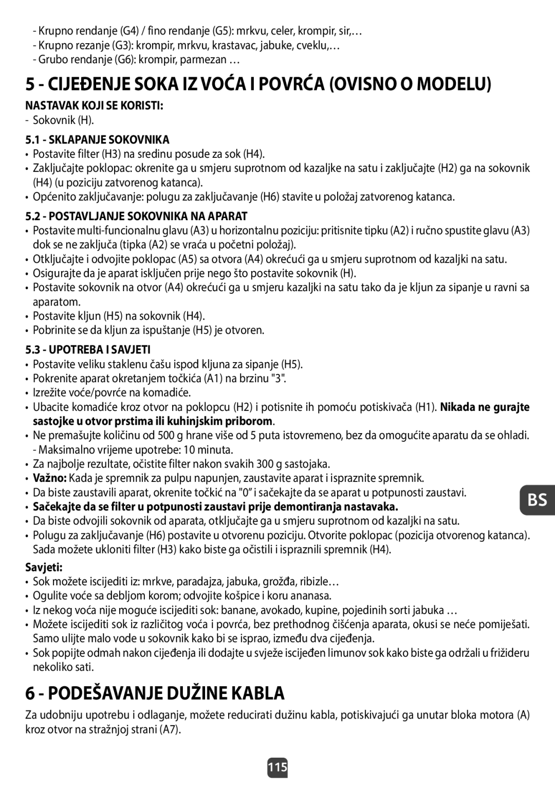 Tefal QB404D38 manual Podešavanje Dužine Kabla, Cijeđenje Soka IZ Voća I Povrća Ovisno O Modelu, Sklapanje Sokovnika, 115 