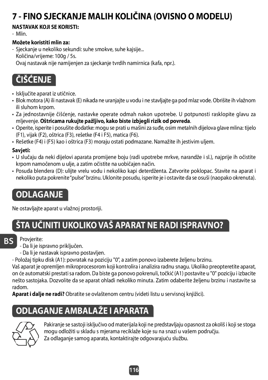 Tefal QB404D38 manual Čišćenje, Odlaganje Ambalaže I Aparata, Fino Sjeckanje Malih Količina Ovisno O Modelu 