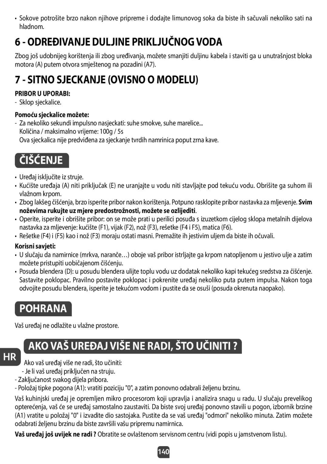 Tefal QB404D38 manual Određivanje Duljine Priključnog Voda, Sitno Sjeckanje Ovisno O Modelu, Pohrana 