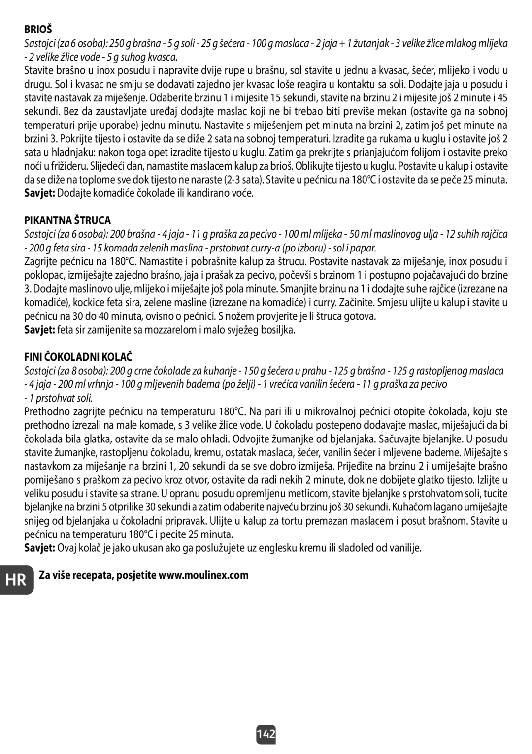 Tefal QB404D38 manual Brioš, Pikantna Štruca, Fini Čokoladni Kolač, 142 