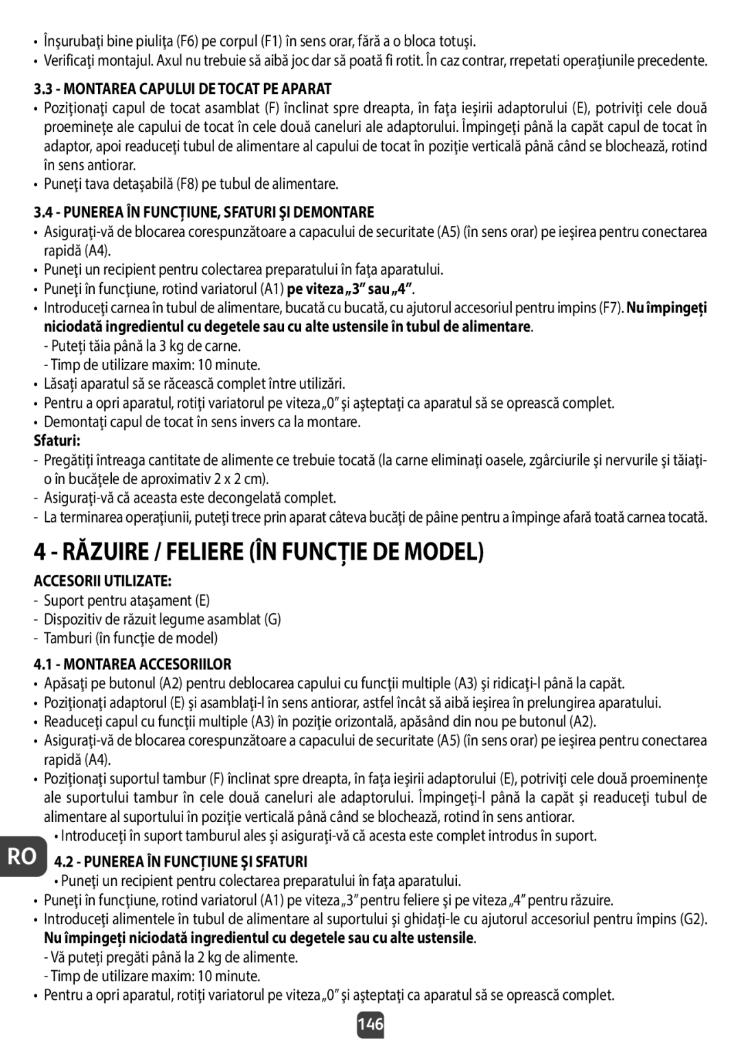 Tefal QB404D38 manual Răzuire / Feliere ÎN Funcţie DE Model, Montarea Capului DE Tocat PE Aparat, 146 