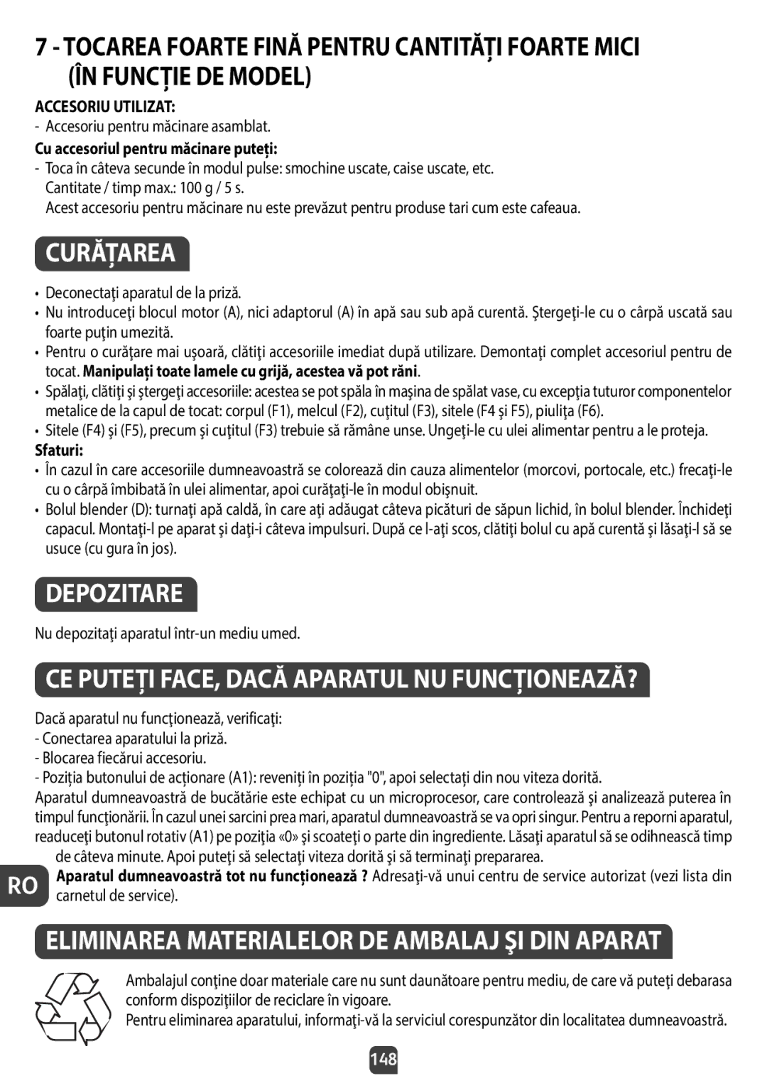 Tefal QB404D38 manual Curăţarea, Depozitare, Accesoriu Utilizat, Cu accesoriul pentru măcinare puteţi, 148 